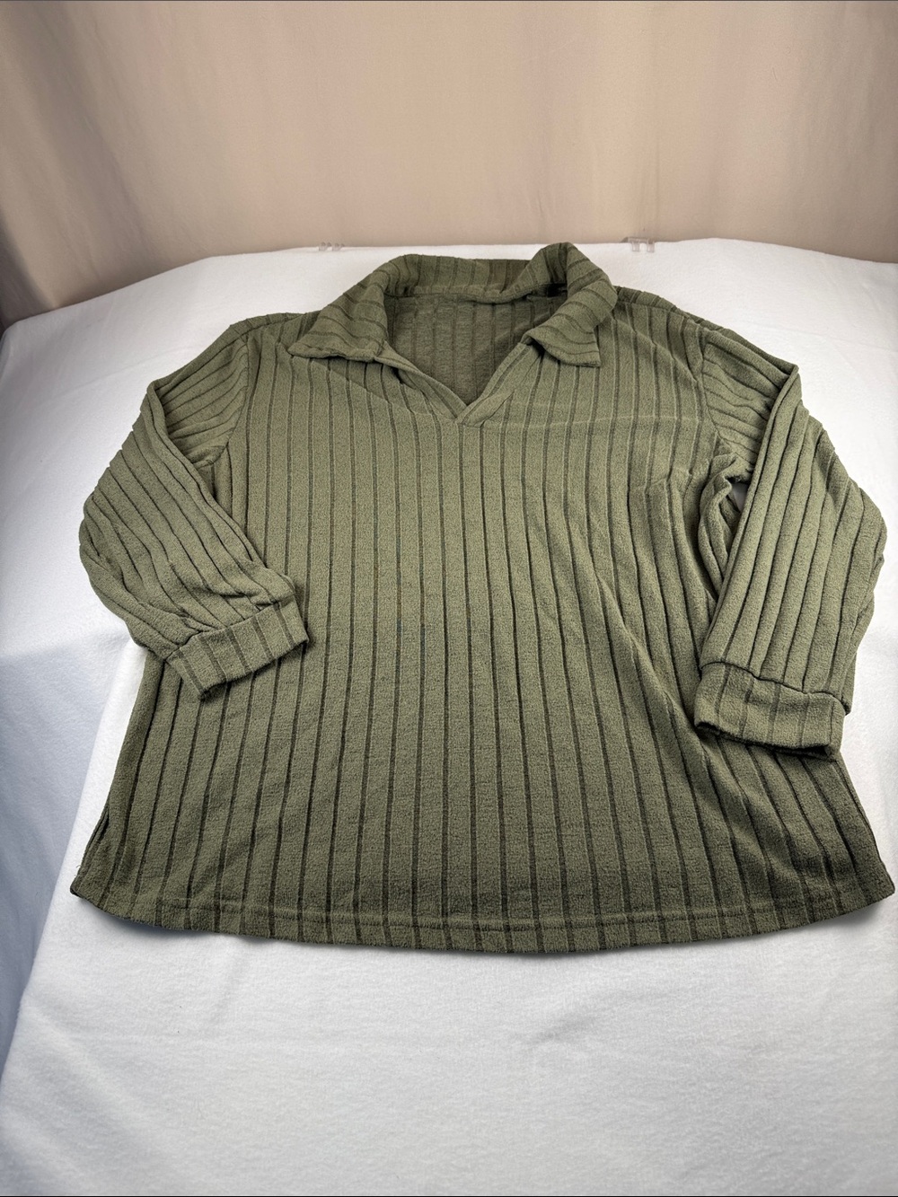 Olive Green Ribbed V-Neck Collared Women's Sweater 283
